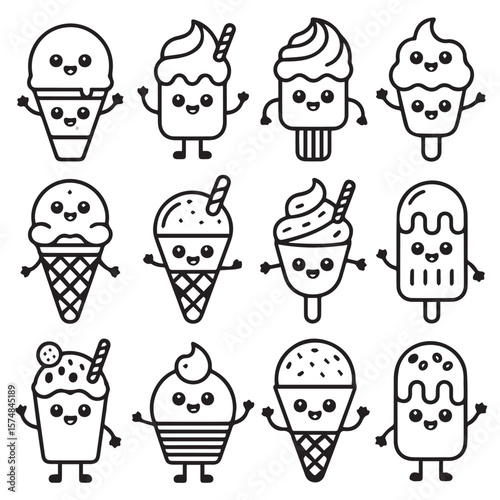An inviting collection of cute, cartoonstyle black and white line art icons featuring happy ice cream cones, popsicles, and frozen treats
