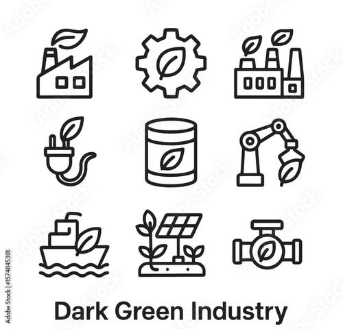 Dark green industry outline icons set, eco factory and sustainable energy symbols