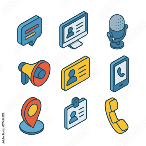 Isometric 3D icon set for communication, contact, and media. Chat, phone, ID badge, megaphone, microphone