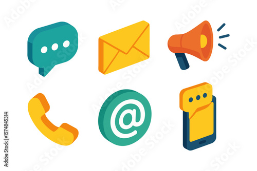 Isometric 3D icon set for communication, contact, and media. Chat, phone, ID badge, megaphone, microphone