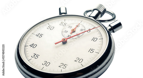 A close up shot of a silver mechanical stopwatch with red hands on a black background showing the time on transparent background