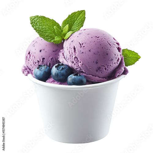 Delicious blueberry ice cream scoops adorned with fresh blueberries and mint leaves in a white cup isolated on transparent background