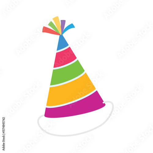 Bright and colorful party hat with rainbow stripes and festive burst decoration on top. Cone birthday cap for celebration design