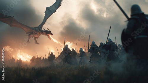 Fantasy action scene of a dragon battle. Medieval soldiers in cinematic battle against flying fire breathing dragon in dark smoke