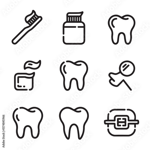 A collection of nine simple black outline icons related to dental health and tooth cleaning routines