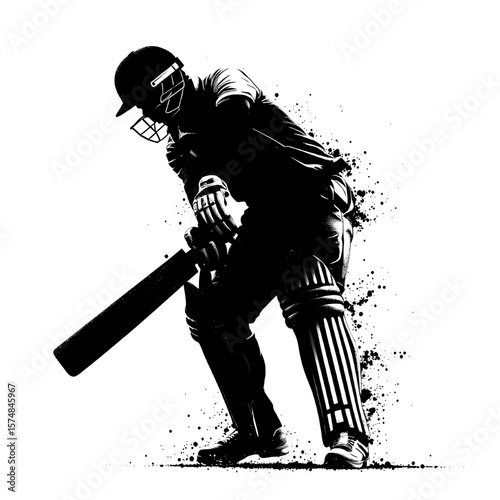 silhouette of cricket batsman defending with bat in focused stance