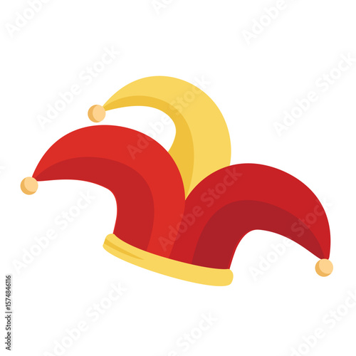 Red jester fool hat icon. Circus jester fool hat isolated on white background. Humor and tomfoolery for comedy performance. Vector illustration