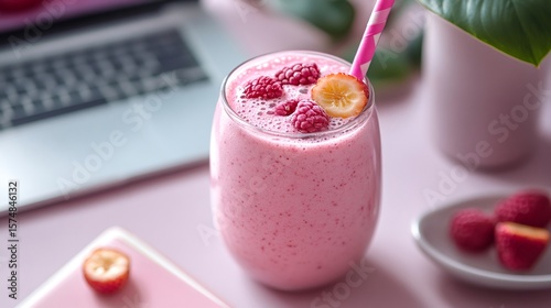 Pink raspberry banana smoothie with a pink and white straw on a pink desk