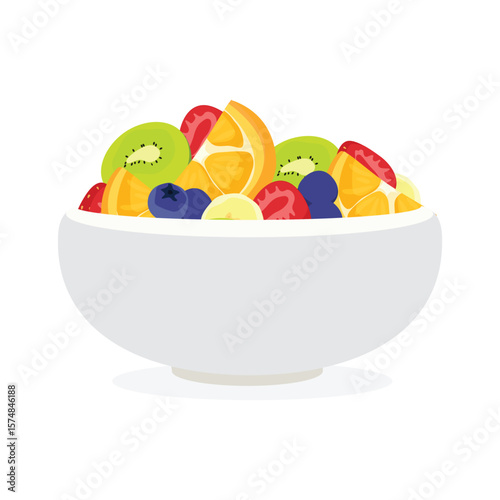 Glass bowl of fresh fruit salad isolated on white background. Healthy summer meal. Fruit mix strawberry, blueberry, kiwi, orange and banana.