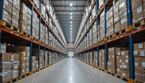 Close-up of boxes and packaging, clean and modern storage facility