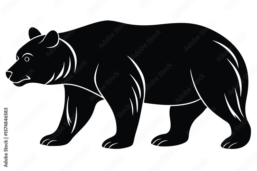 Fototapeta premium Stylized Black Bear Illustration Walking Silhouette on White Background, Wildlife Animal Icon