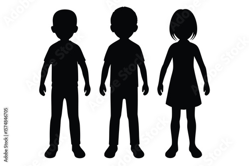 Three Children Silhouettes Two Boys Wearing TShirts and Pants with One Girl in Dress