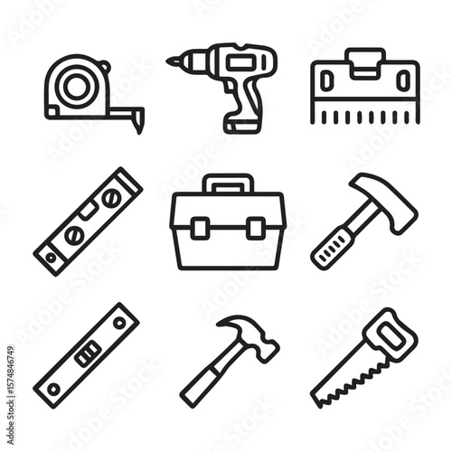 A collection of essential construction and repair tool icons, including drills, hammers, saws, and levels