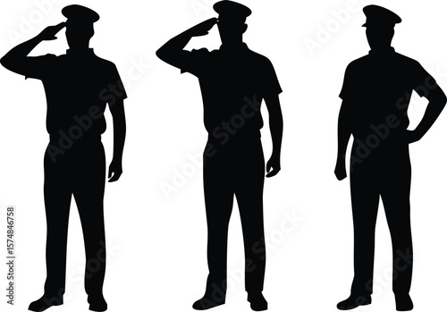 Three Men in Uniform Silhouettes Two Saluting, One at Ease on White