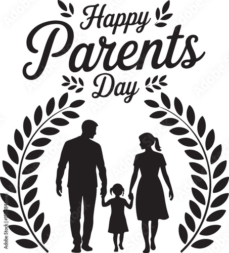 Heartwarming Celebration of Happy Parents Day A Family's Love and Unity Depicted in Silhouette Embraced by Laurel Wreaths Symbolizing Honor and Appreciation