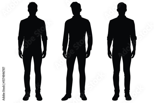 Three Men Silhouettes Full Body, Front View, Wearing Shirts and Pants Isolated