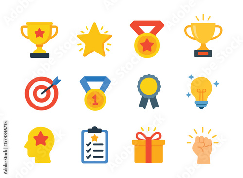 Colorful flat icons for success, achievement, and motivation. Includes trophy, medal, reward, idea, success and star symbols