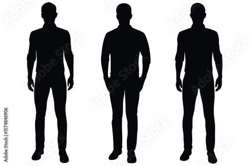 Three Silhouetted Men Standing in Shirts and Pants on White Background