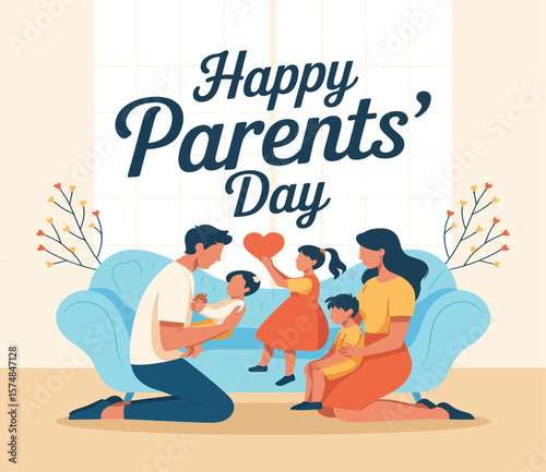 Celebrating Happy Parents Day with Family Affection A Heartwarming Scene of Love Joy and Togetherness Among Parents and Children in a Stylish Illustration