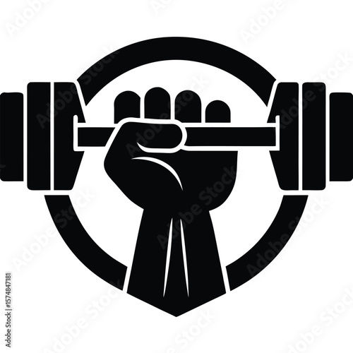 Black fist holding barbell inside circle weightlifting