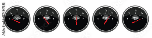 Gasoline fuel level indicator set. Dashboard fuel gauge icons empty, low, medium and full tank levels