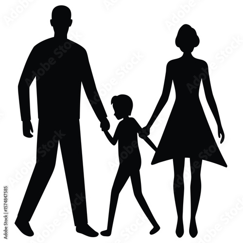 Black silhouette of a family walking together parents