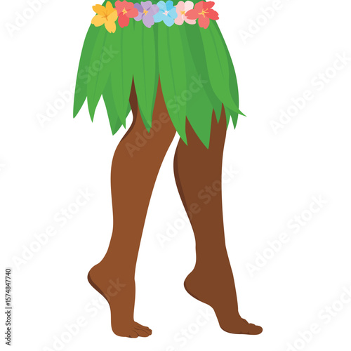 Hula dancer legs in Hawaiian traditional skirt with flowers and leaves