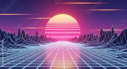 Vaporwave Aesthetic: Retro Synthwave Landscape with Glowing Grids and Mountains, Nostalgic 80s Style Synthwave Retro Landscape With Glowing Grid, Sun, and Mountain Range