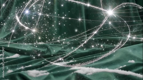 An abstract snowfall of shimmering stars on a deep green velvet background with glowing trails

