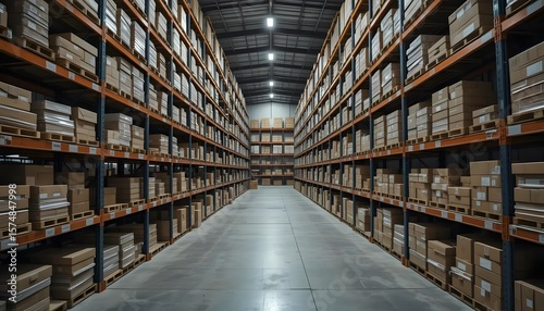 Close-up of boxes and packaging, clean and modern storage facility