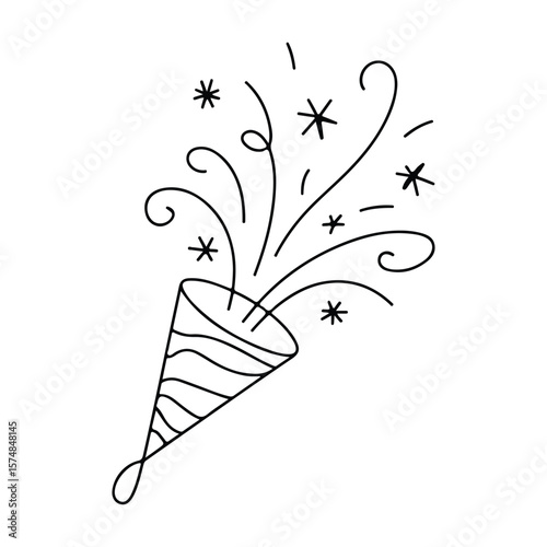 Black outline of a party popper exploding with confetti
