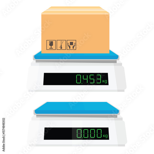 Weigh parcel, cardboard box on an electronic scale. Empty digital electronic industrial or food kitchen scales