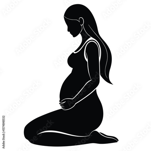 Pregnant woman kneeling black silhouette vector