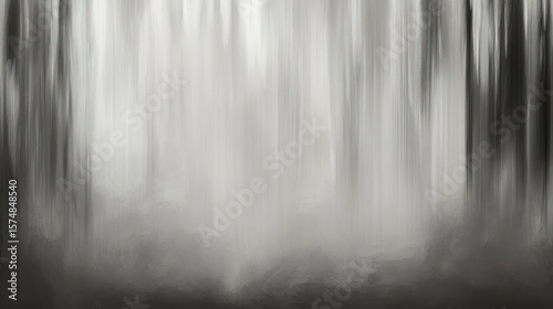 Abstract grayscale image of a misty forest with blurred trees and soft light.