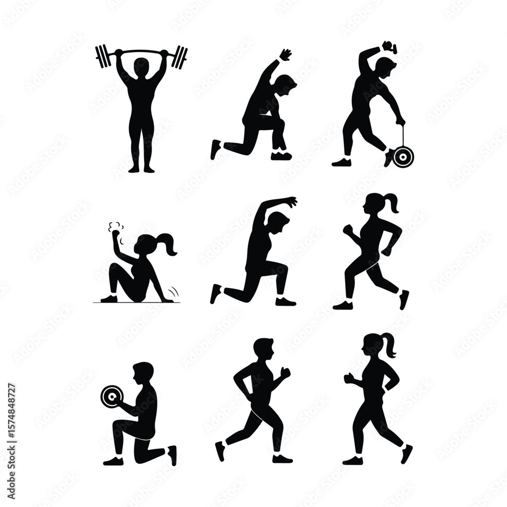 Black silhouettes of people exercising and lifting weights Black silhouettes of people exercising and lifting weights