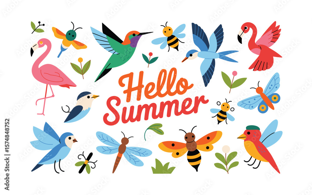 Obraz premium Vibrant Hello Summer Design with Colorful Birds, Insects, and Botanical Elements