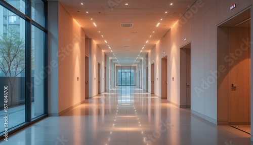A modern, minimalist building's interior hallway is decorated with pastel hues and soft lighting.