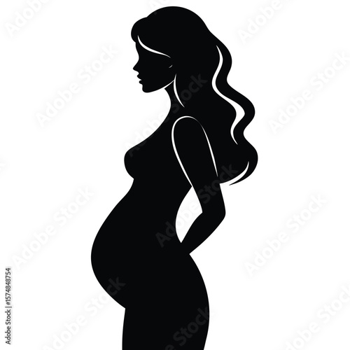Pregnant woman silhouette wavy hair black and white