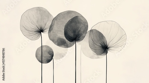 Fototapeta Naklejka Na Ścianę i Meble -  Abstract grayscale illustration of five translucent, round-shaped flowers with thin stems against a light beige background.