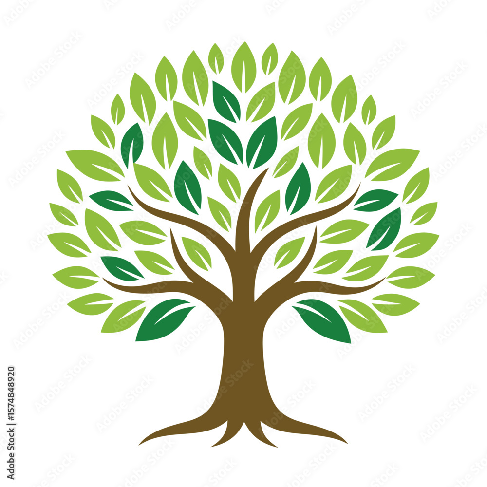 Fototapeta premium Stylized green tree with brown trunk and roots on white background