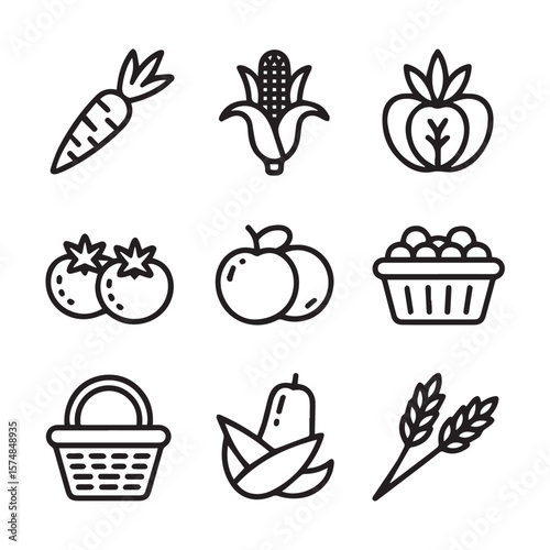 A set of minimalist line art icons showcasing various healthy foods including carrots, corn, tomatoes, apples, and wheat, presented in a basket