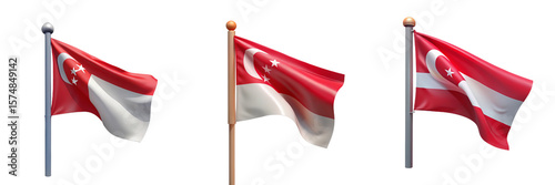Set For Three singapore flags waving isolated on transparent background