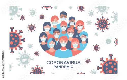 Diverse Group Wearing Masks During Coronavirus Pandemic with Virus Cells Illustration