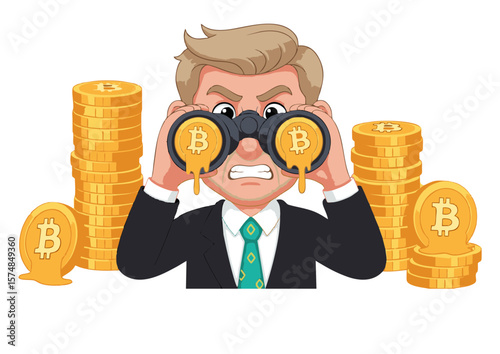 Businessman with Binoculars Observing Bitcoin Coins Expressing Concern and Worry.
