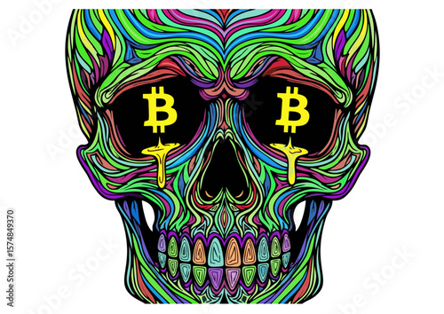 Colorful Skull with Bitcoin Symbols in Eyes Dripping Gold.