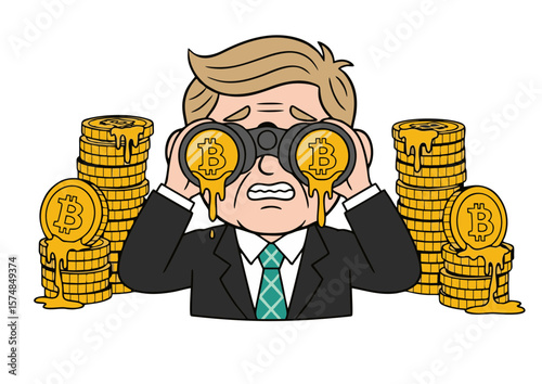 Cartoon businessman with melting Bitcoin binoculars distressed expression amidst stacks of melting Bitcoin coins.