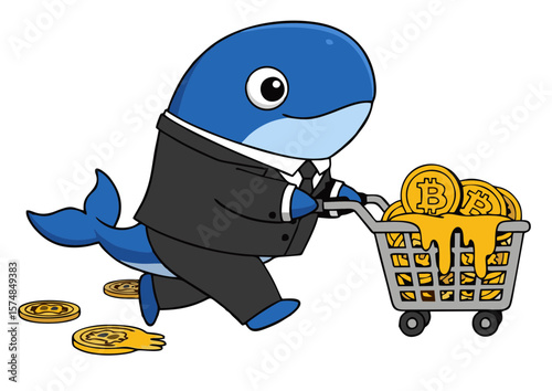 Cartoon Whale in Suit Pushing Shopping Cart Full of Bitcoin.