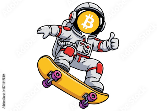 Astronaut Skateboarder with Bitcoin Face Thumbs Up and Cool Style.