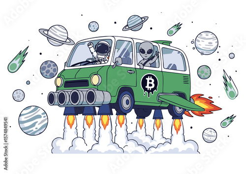 Green Space Van with Astronaut Alien Bitcoin Logo and Rocket Boosters.