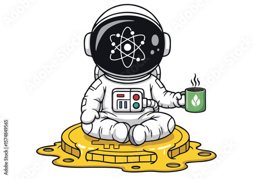 Cartoon Astronaut Meditating with Coffee on a Golden Coin Relaxed Pose.